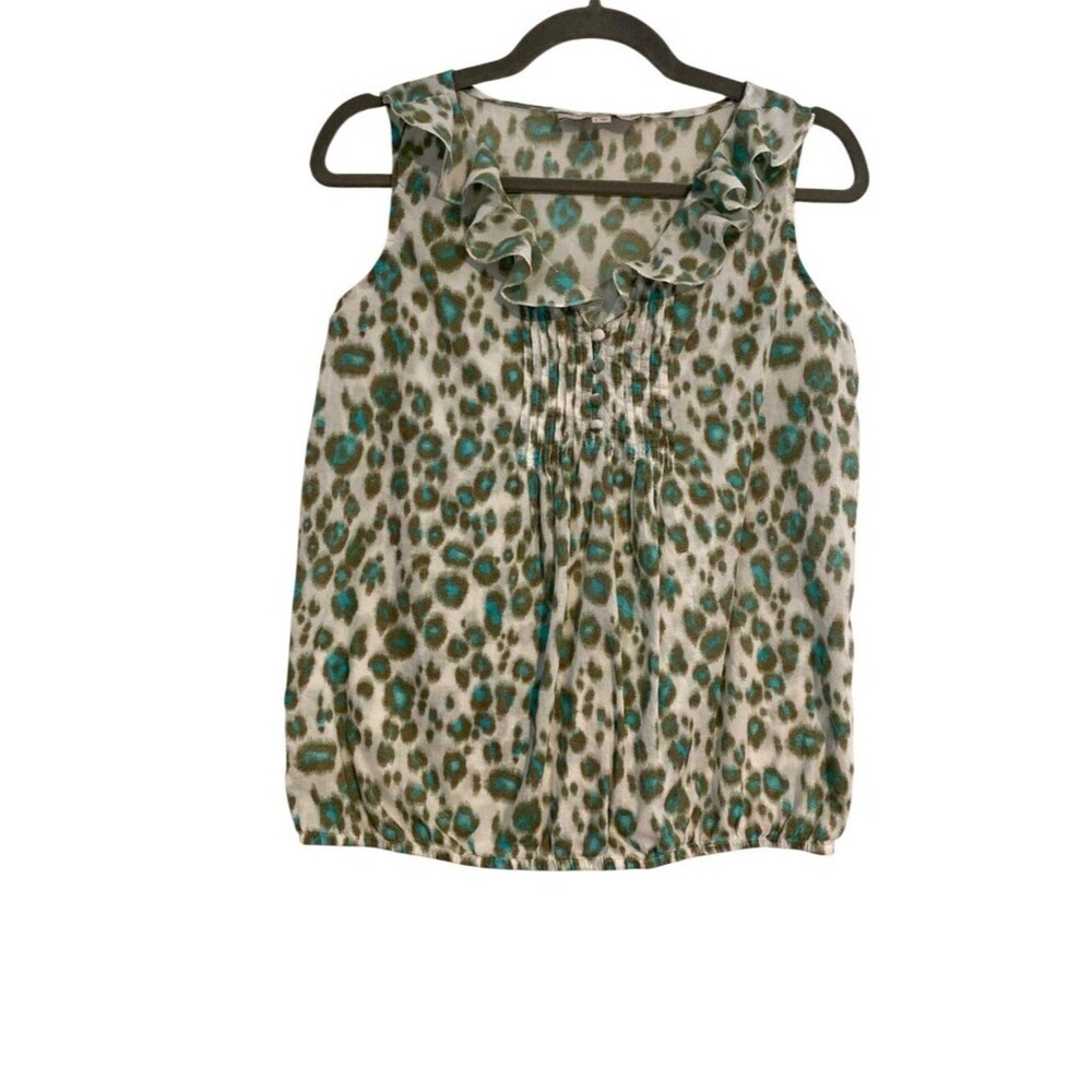 Ann Taylor Loft Women's S Green Blue Top Sleeveless Ruffle Leopard Print Casual